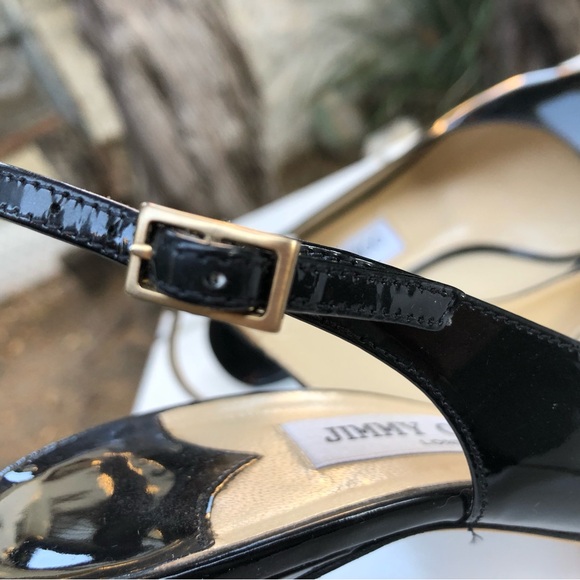 Jimmy Choo Size 39.5 9.5 Black Patent Leather Peep Toe Sling Back Heel Pumps - Picture 9 of 9